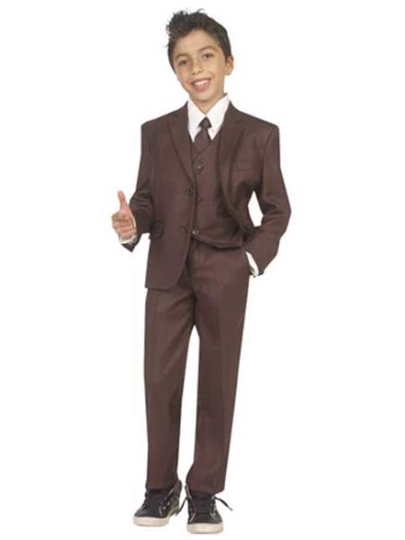 Boy's Brown 2 button closure Five Piece Suit With Vest,Shirt And Tie