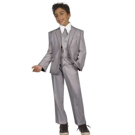 Boy's Grey Side vents Five Piece Suit With Vest,Shirt And Tie