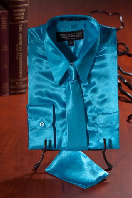 Mens Turquoise Dress Shirt Boys turquoise ~ Light Blue Stage Party Satin Combo Men's Dress Shirt