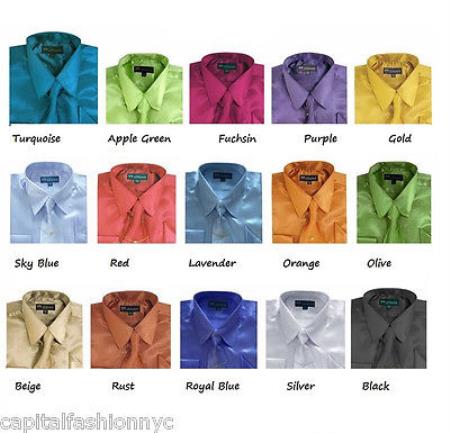 Boys Kids Set Shiny Satin Tie Handkerchief Men's Dress Shirt
