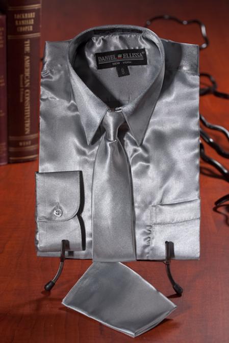 Boys Silver Satin Combo Men's Dress Shirt