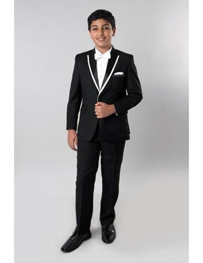 Boy's Kids Sizes 2 Piece Black Tuxedo - Satin Lapel with Fabric Trim Perfect for toddler Suit wedding attire outfits