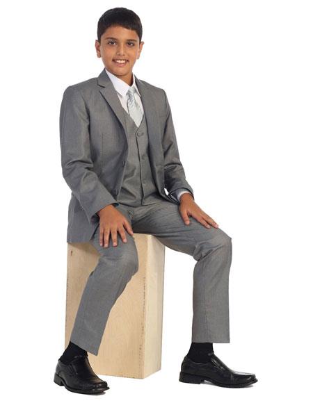 Kids Boy's Two Buttons 5 Piece Set Gray Cotton Blend Formal Suit Perfect for wedding attire outfits - Toddler Suit