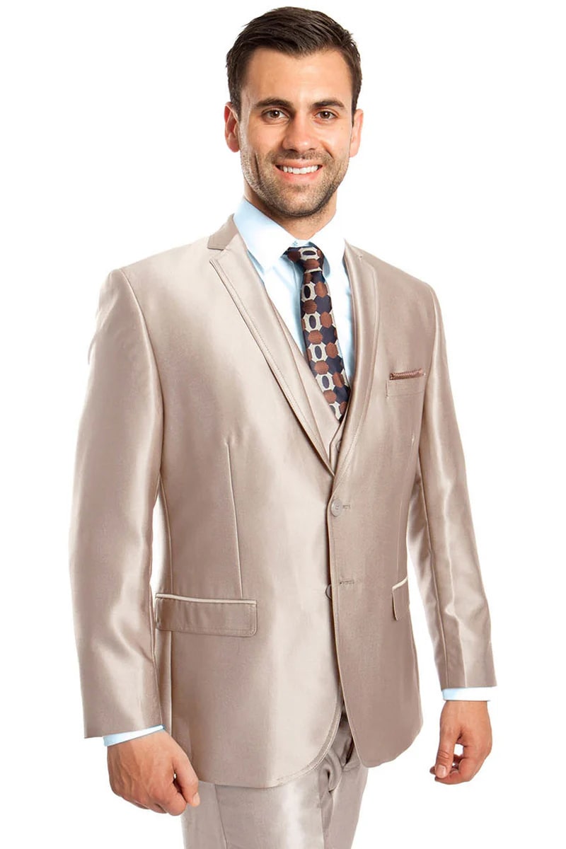 Two Button Shiny Sharkskin Suit in Champagne