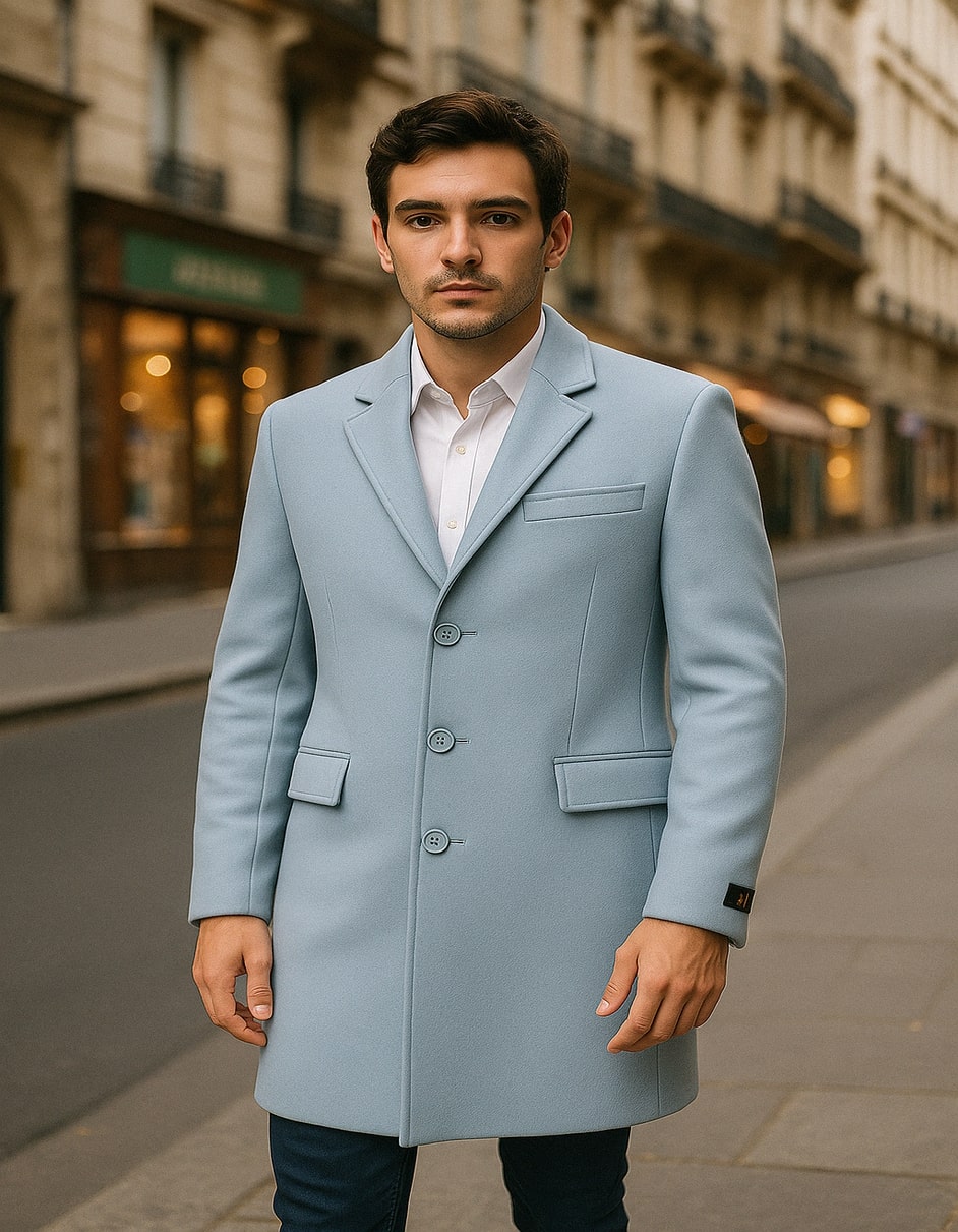 Men’s Light Blue Wool Overcoat - Single-Breasted Long Coat
