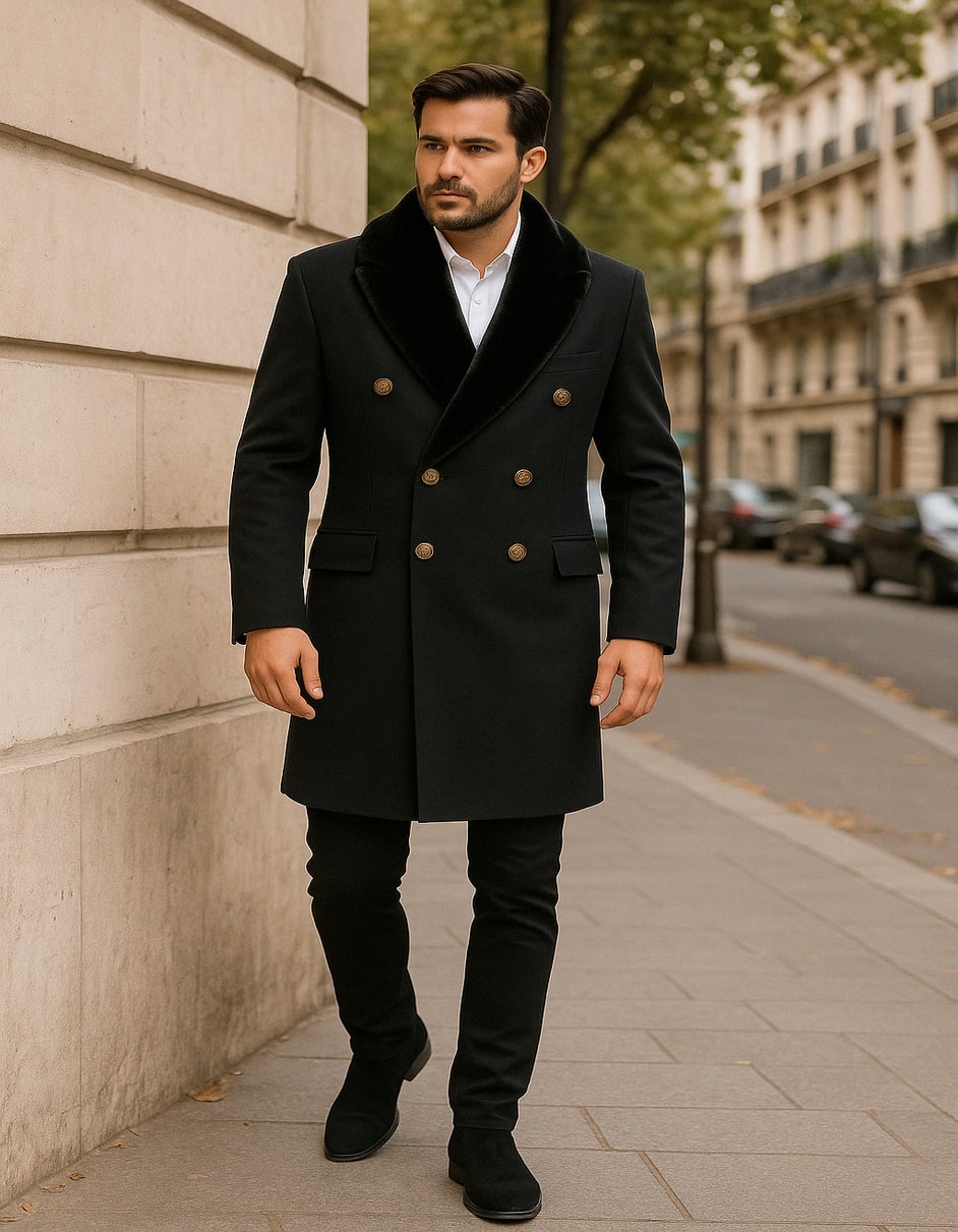 Double-Breasted Overcoat with Faux Fur Collar