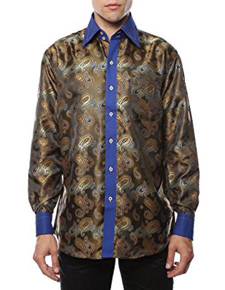 Brown Blue Shiny Satin Floral Spread Collar Dress Shirt