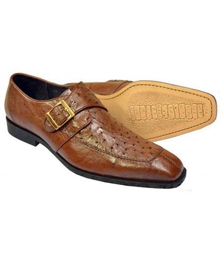 Men's Brown Genuine Ostrich Monk Strap Leather Shoes - Men's Buckle Dress Shoes Mens Ostrich Skin Shoes