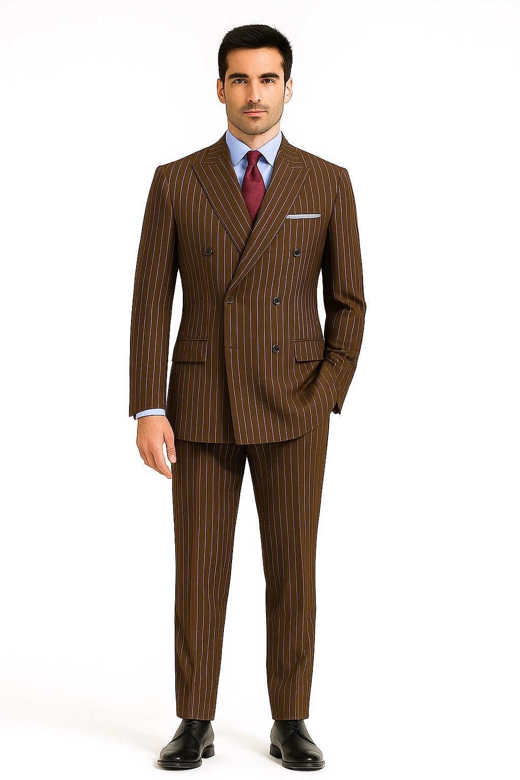Men's Pinstripe Classic Fit 6 Button Peak Lapel Black Double Breasted Suit main image 0