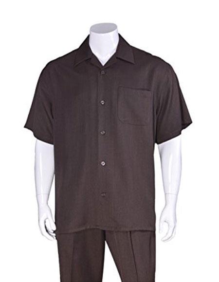 Men's Casual Short Sleeve Plain Brown Two Pieces Casual Two Piece Walking Outfit For Sale Pant Sets Suits with Matching Pleated Pants