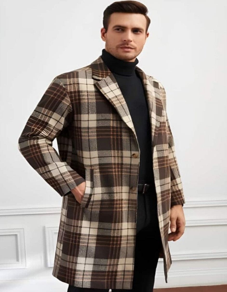Plaid Wool Overcoat Brown & Camel Blend