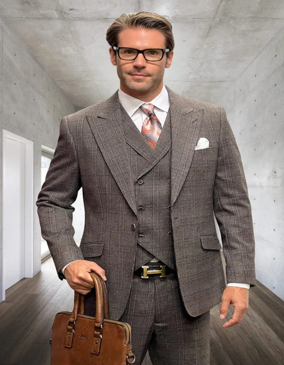 Men's Wool Peak Lapel Windowpane Suit
