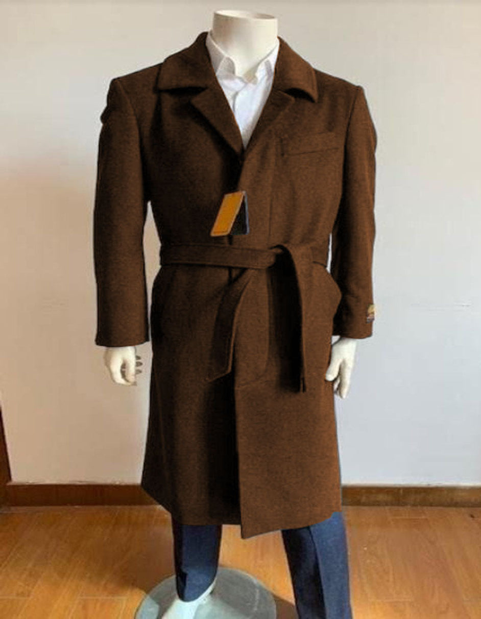Wool Gabardine Belted Duster Overcoat for Men