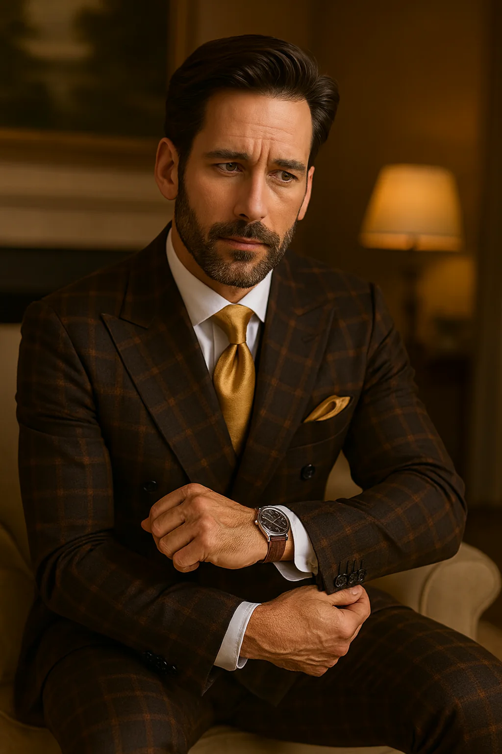 Men's Brown Plaid Double-Breasted Wool Suits – Classic Windowpane Two-Piece Formal Suits By Rossiman