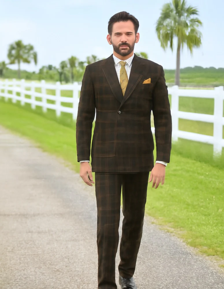 Men's Brown Plaid Double-Breasted Wool Suits – Classic Windowpane Two-Piece Formal Suits By Rossiman