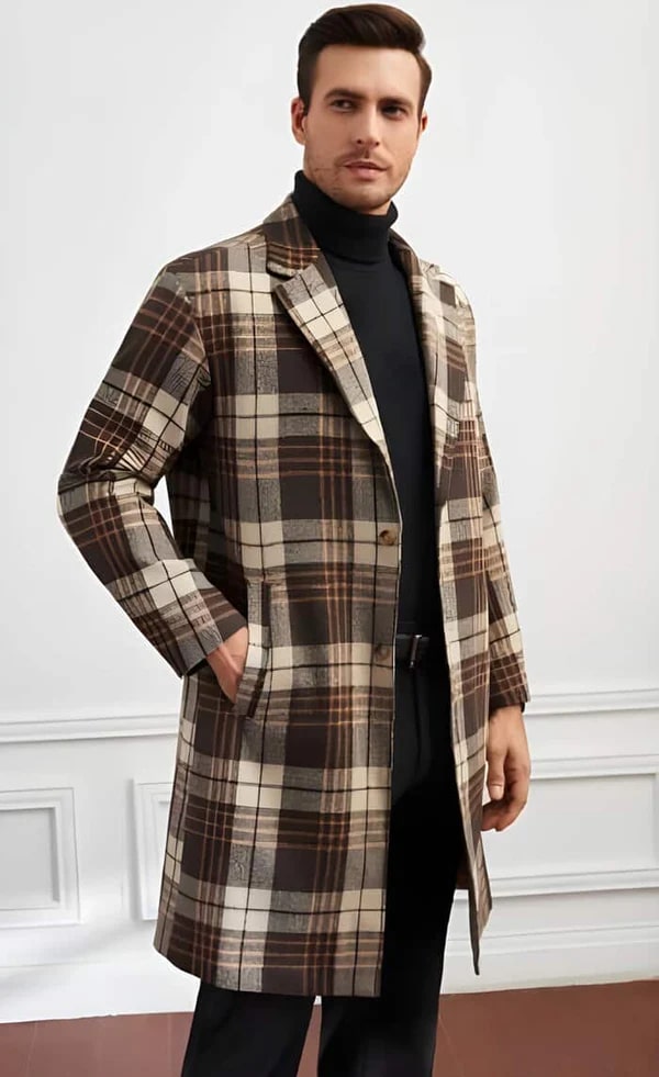 Plaid Lapel Overcoat with Slant Pockets - Charcoal Gray