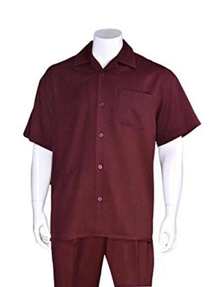 Men's Casual Short Sleeve Plain Two Pieces Burgundy ~ Wine ~ Maroon Color Casual Two Piece Walking Outfit For Sale Pant Sets Suits with Matching Pleated Pants