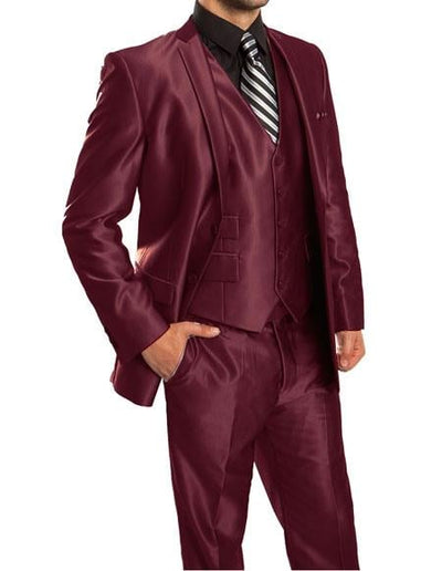 Men's Maroon 2 Button 3 Piece Suit - Sateen Suit - Shiny Suit - Side vents - Slim fit