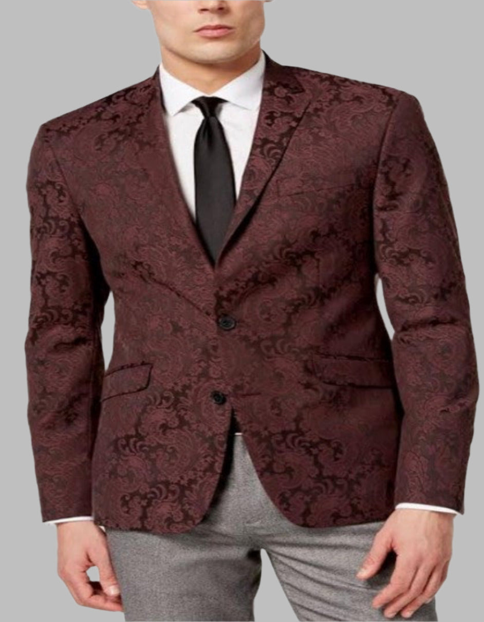 Burgundy Paisley Velvet Slim Fit Tuxedo Blazer