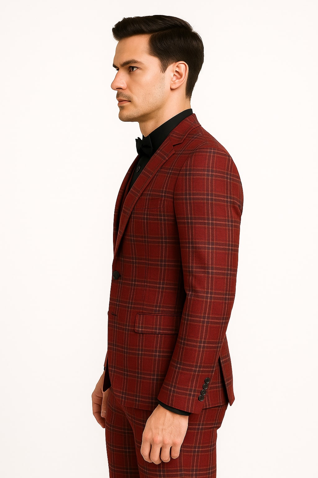 Red Tartan Christmas Suit - Holiday New Year Event Red with Gold Buttons Tuxedo Double Breasted Style