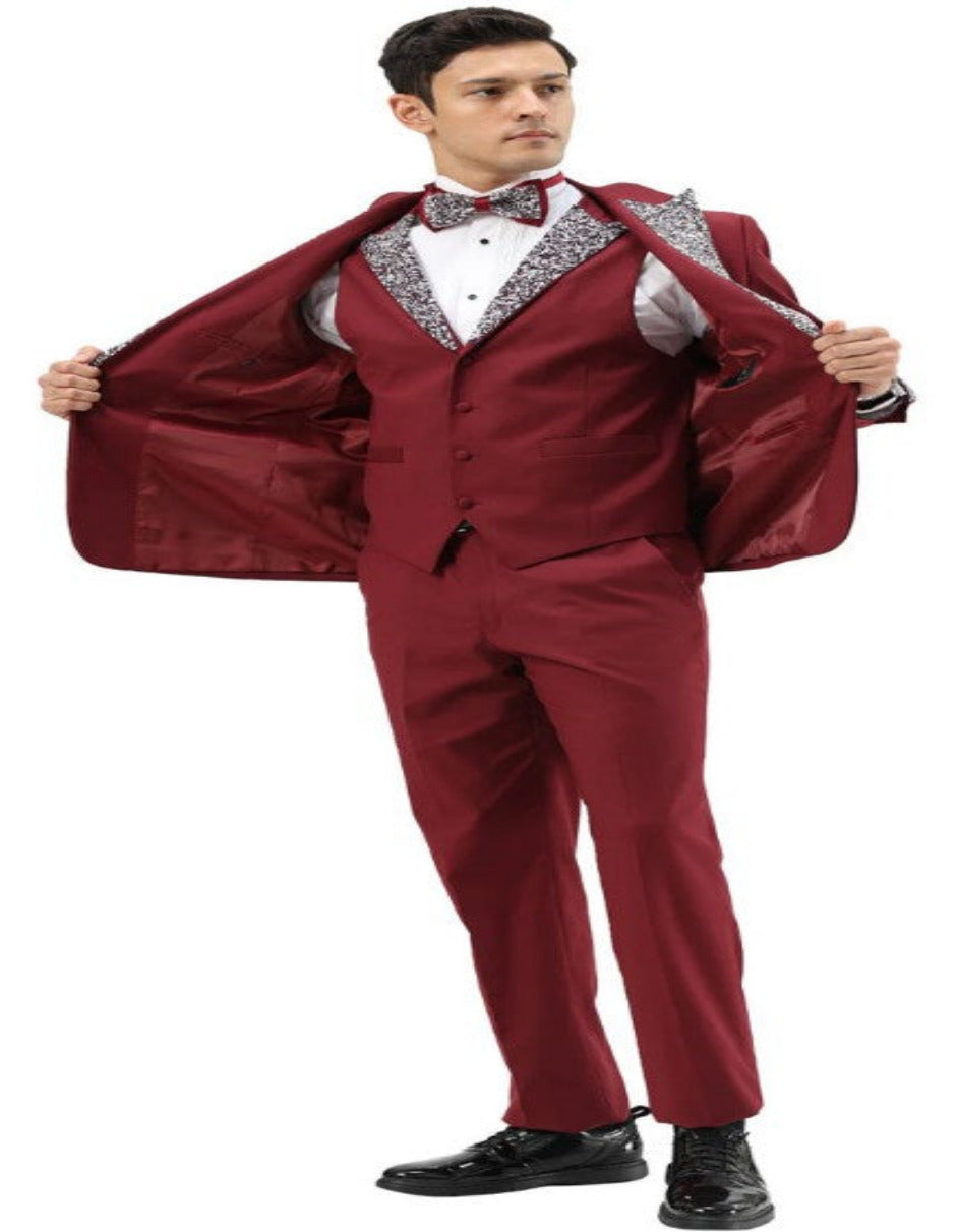 Burgundy Rhinestone Lapel Prom Tuxedo