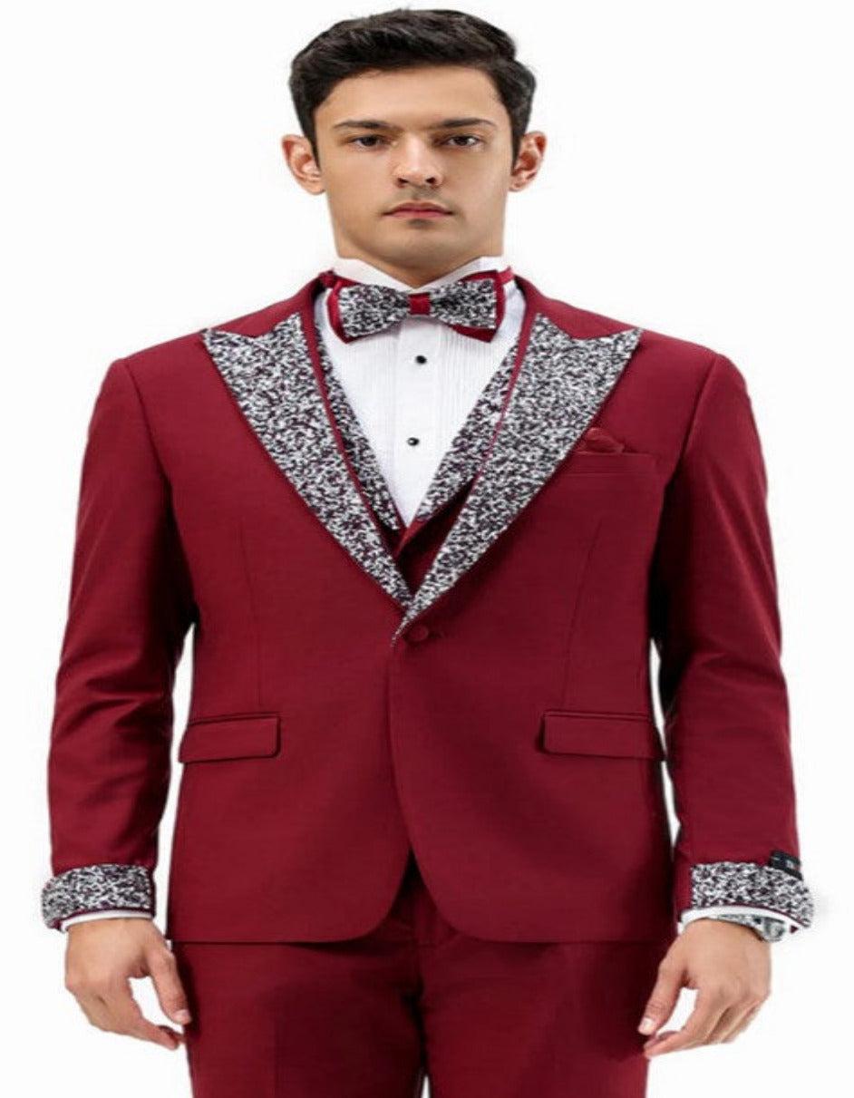 Burgundy Rhinestone Lapel Prom Tuxedo