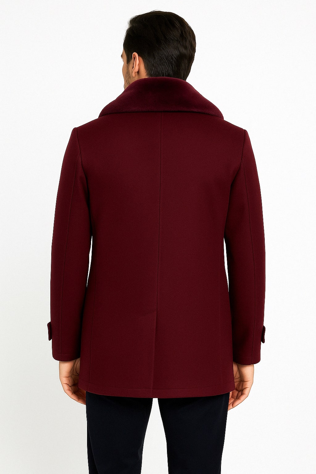 Burgundy Double-Breasted Overcoat with Faux Fur Collar