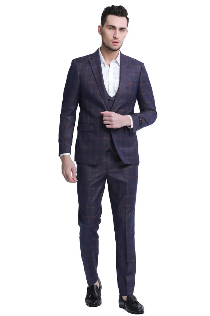Men's Burgundy Plaid Suit with Double Breasted Vest