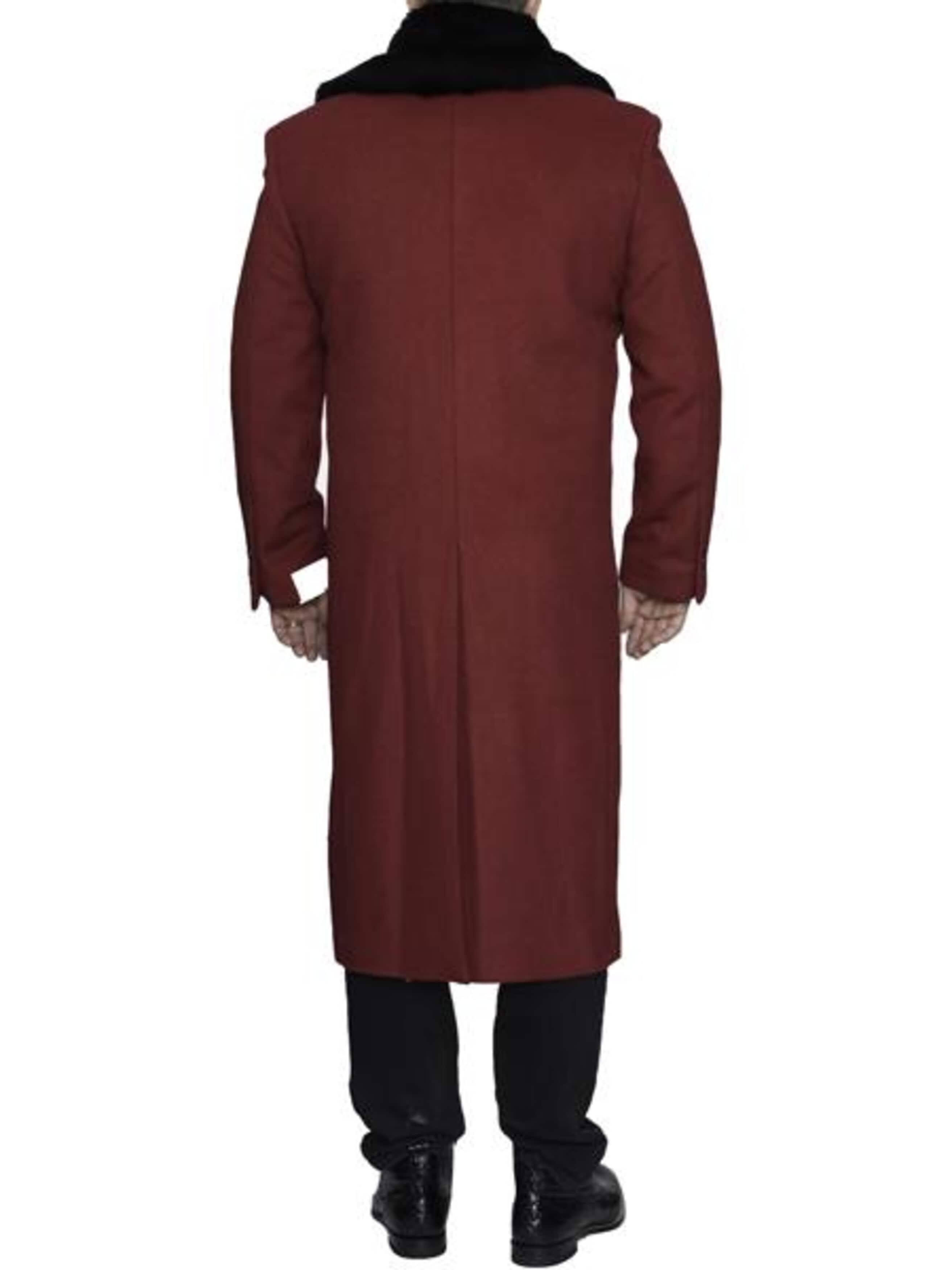 Burgundy Wool Overcoat with Removable Fur Collar