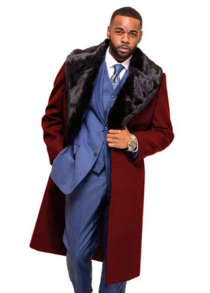 Burgundy Wool Overcoat with Fur Collar