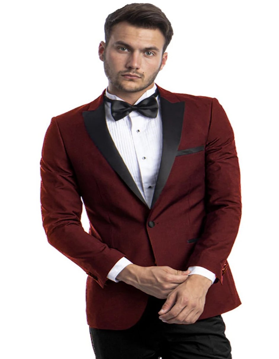 Men’s Burgundy Prom Tuxedo: Peak Lapel Maroon Suit
