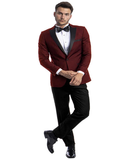Menβs Burgundy Prom Tuxedo: Peak Lapel Maroon Suit
