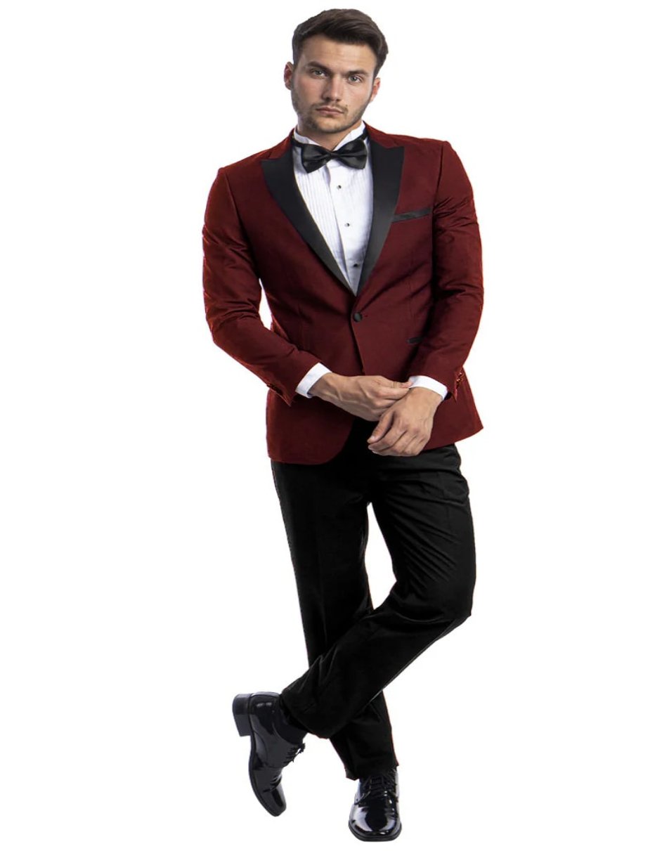 Men’s Burgundy Prom Tuxedo: Peak Lapel Maroon Suit