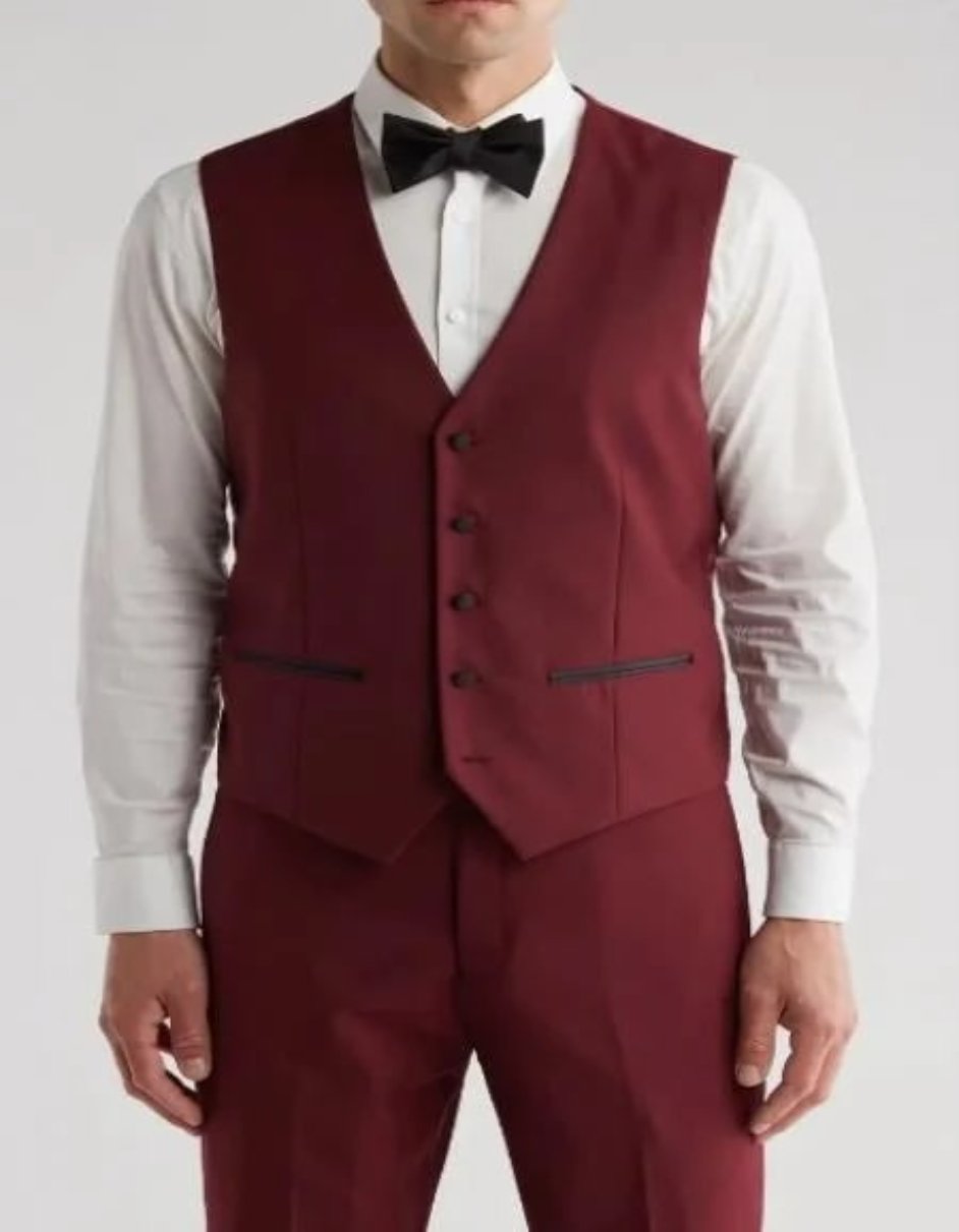 Burgundy Shawl Collar Vested Tuxedo Suit