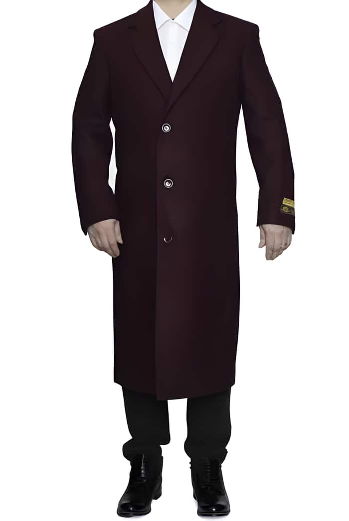 3 Button Ankle Length Burgundy Wool Overcoat