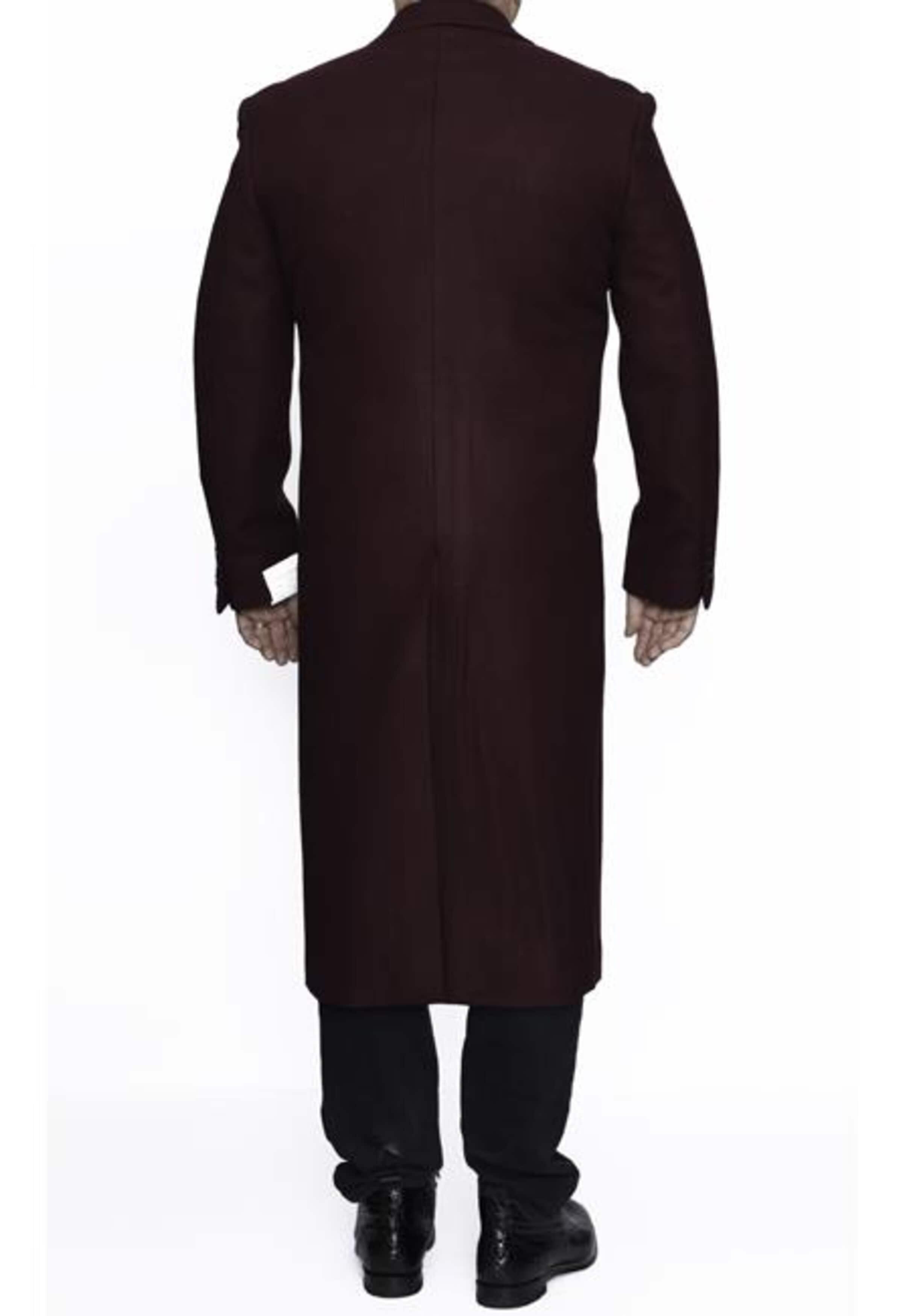 3 Button Ankle Length Burgundy Wool Overcoat