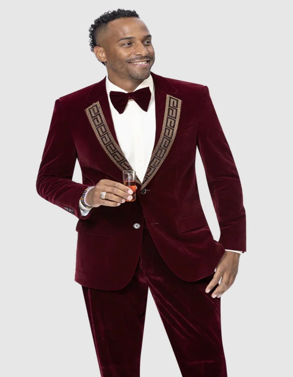 Burgundy Velvet Prom Tuxedo with Gold Lapel
