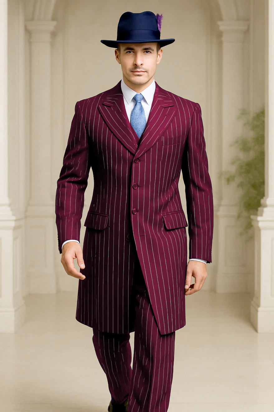 Men’s Burgundy Pinstripe Suit - Long Coat Style