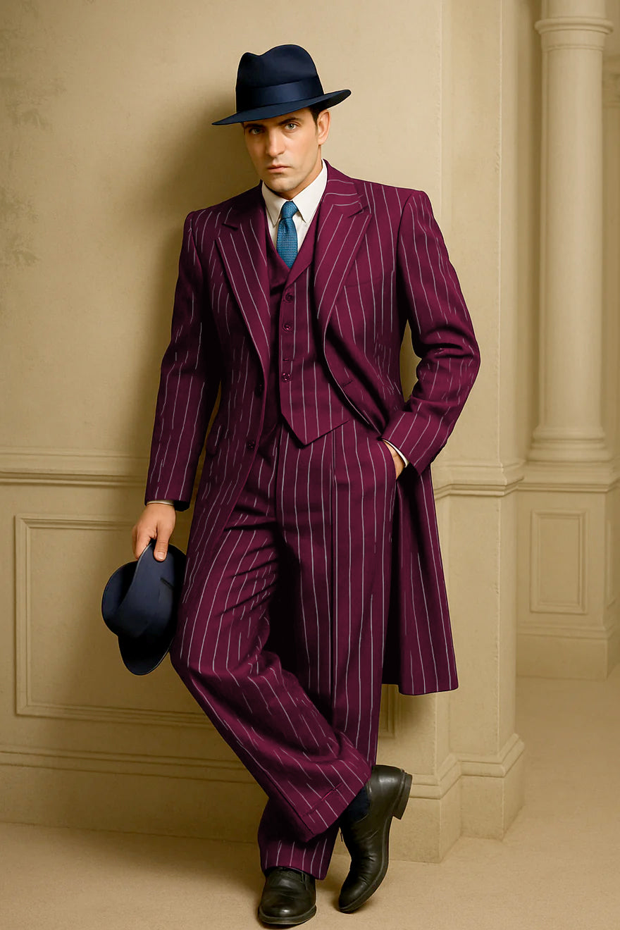 Men’s Burgundy Pinstripe Suit - Long Coat Style