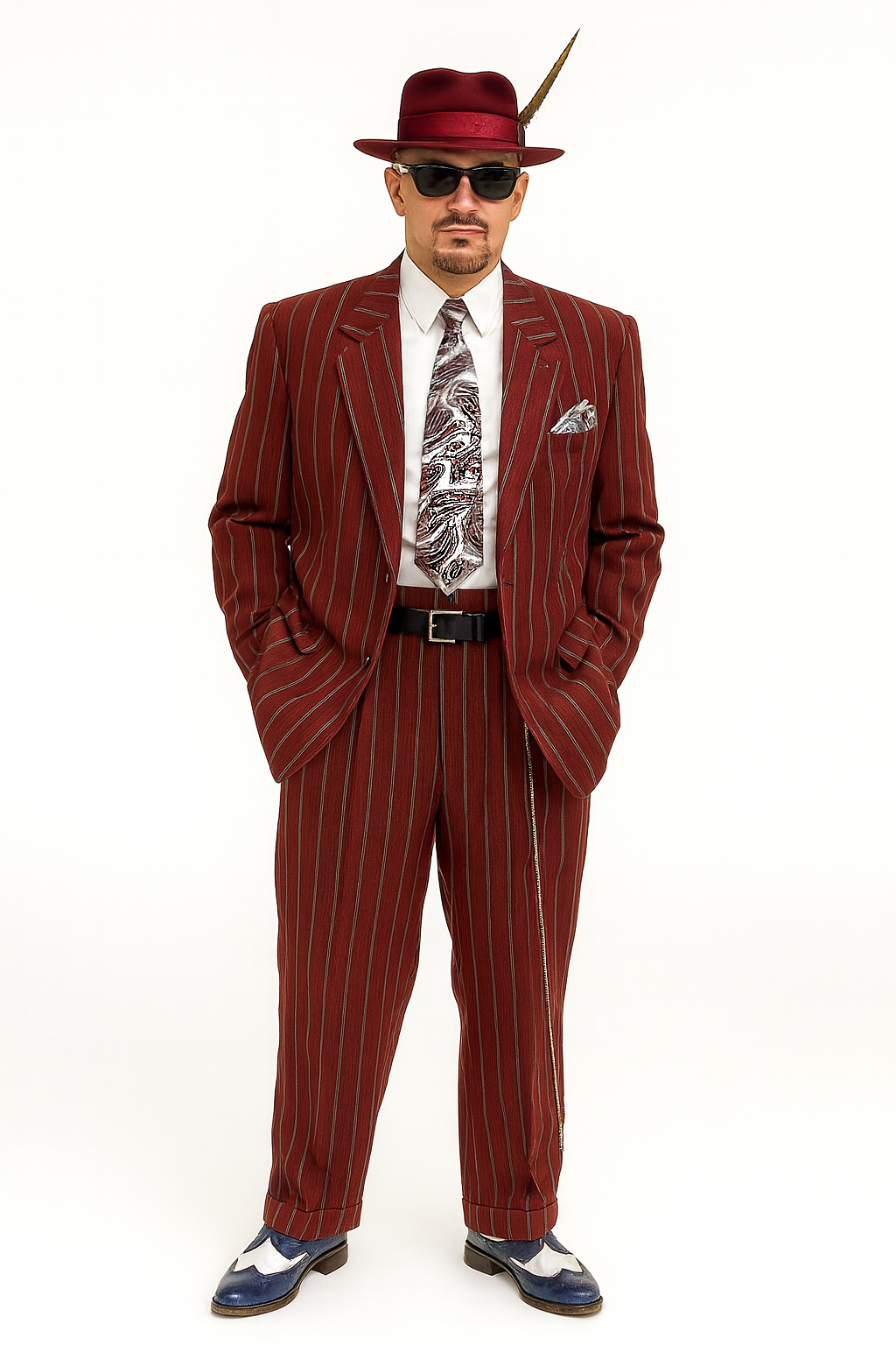 Burgundy Pinstripe Zoot Suit 3 Piece 1920s/1930s Gangster Outfit (Jacket and Pants and Vest) Vintage Fashion