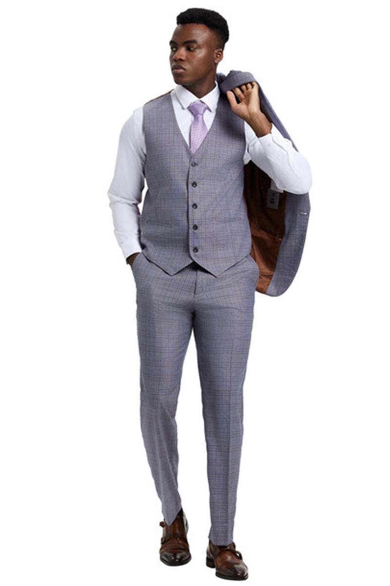 Stacy Adams Light Grey Windowpane Plaid 3-Piece Suit