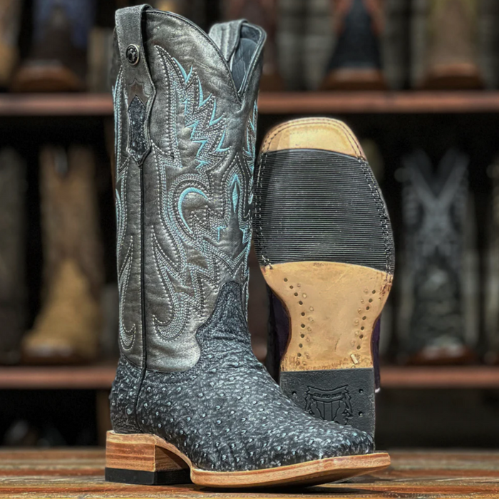 Women's Full Quill Ostrich Square Toe Boots Blue Denim