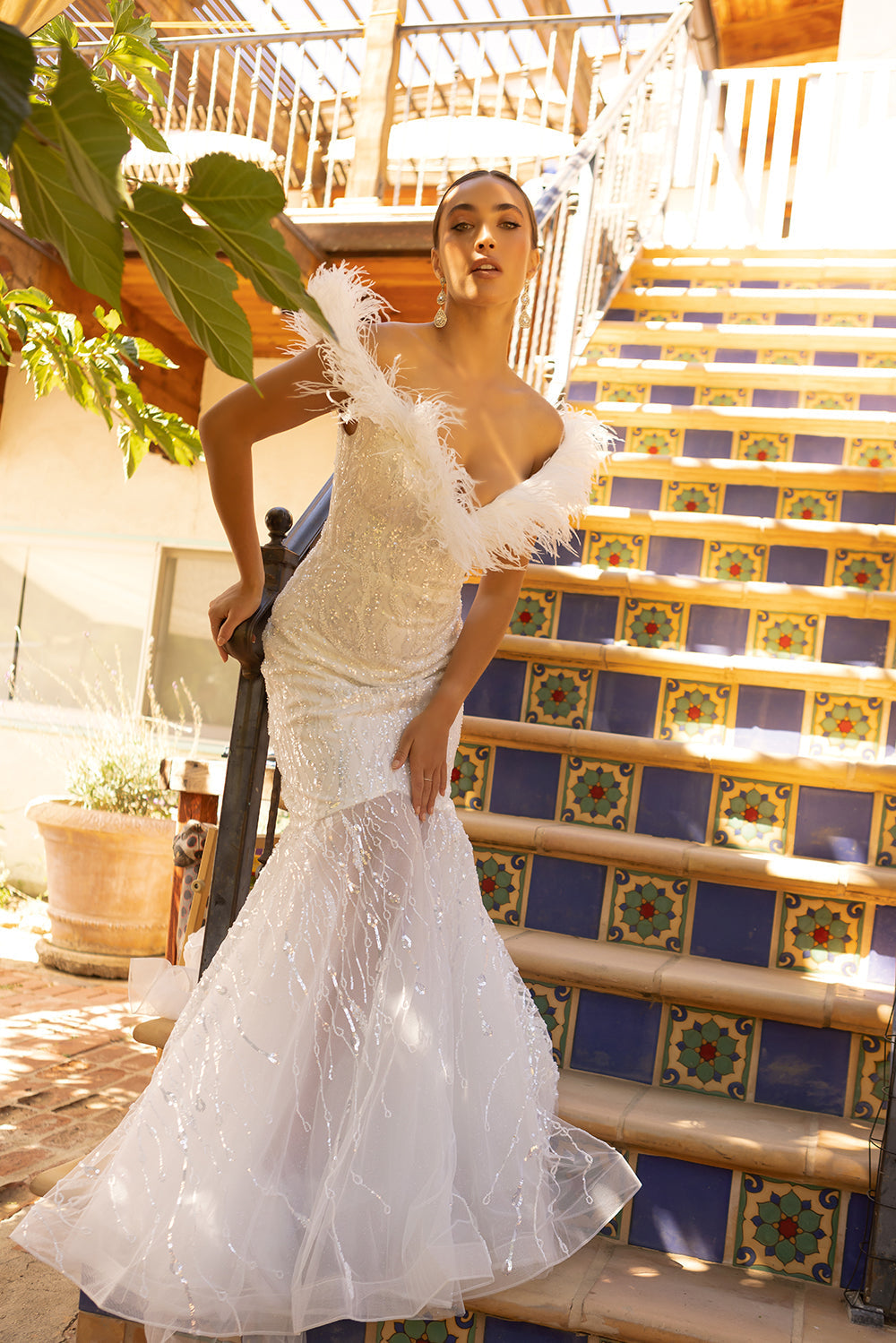 Feather Off Shoulder Mermaid Dress by Lucci Lu C8051