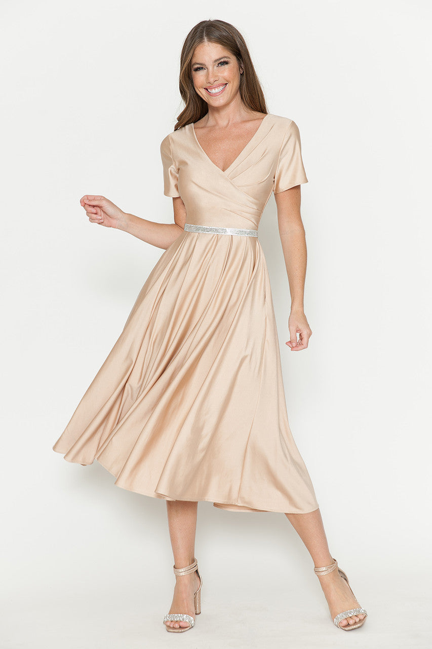 Lenovia 5274 V-Neck Short Sleeve Midi Cocktail Dress with Rhinestone Waist Formal & Wedding Guest Attire