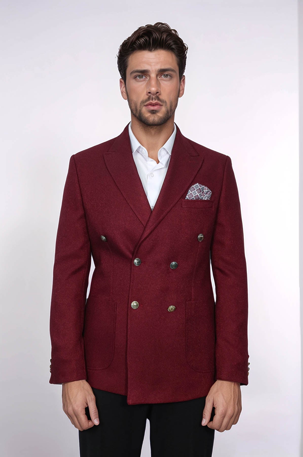 Burgundy Slim Fit Double Breasted Blazer for Men