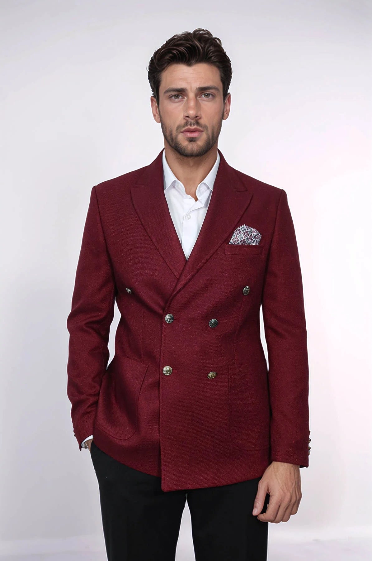 Burgundy Slim Fit Double Breasted Blazer for Men