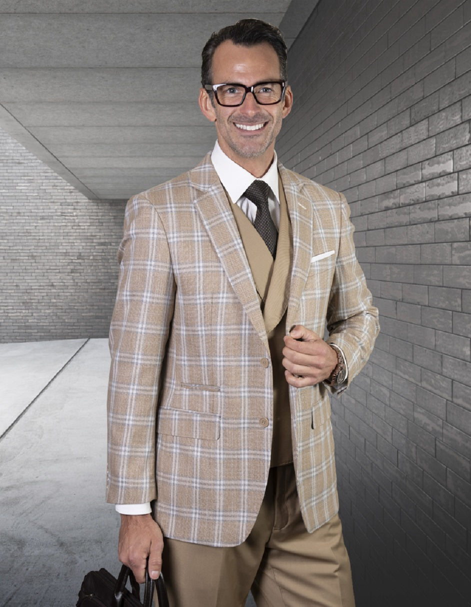 Camel Plaid Double Breasted Vest Suit - Classic Fit