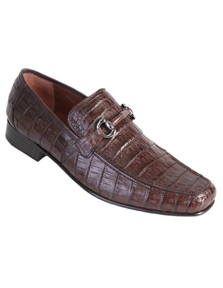Brown Dress Shoe Los Altos Mens Stylish Brown Genuine Caiman Crocodile Belly Slip-On Casual Dress Shoes