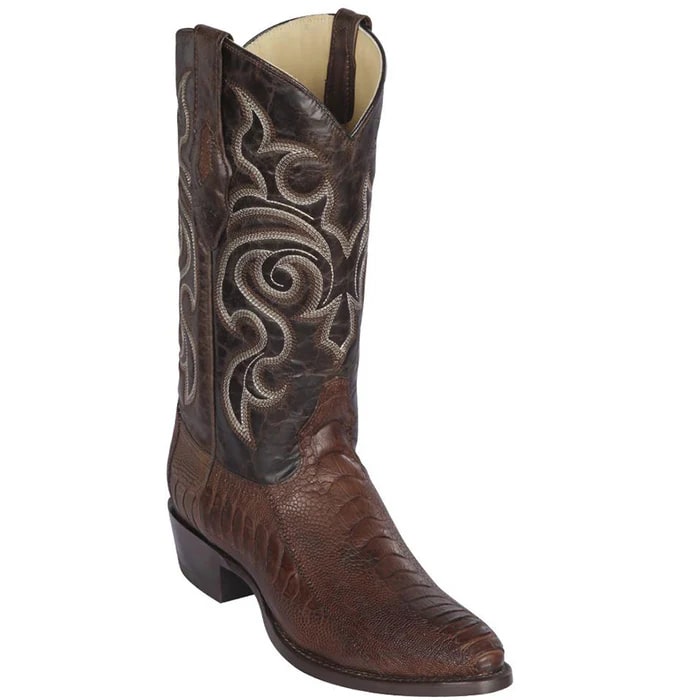 Brown Ostrich Leg R-Toe Cowboy Boots