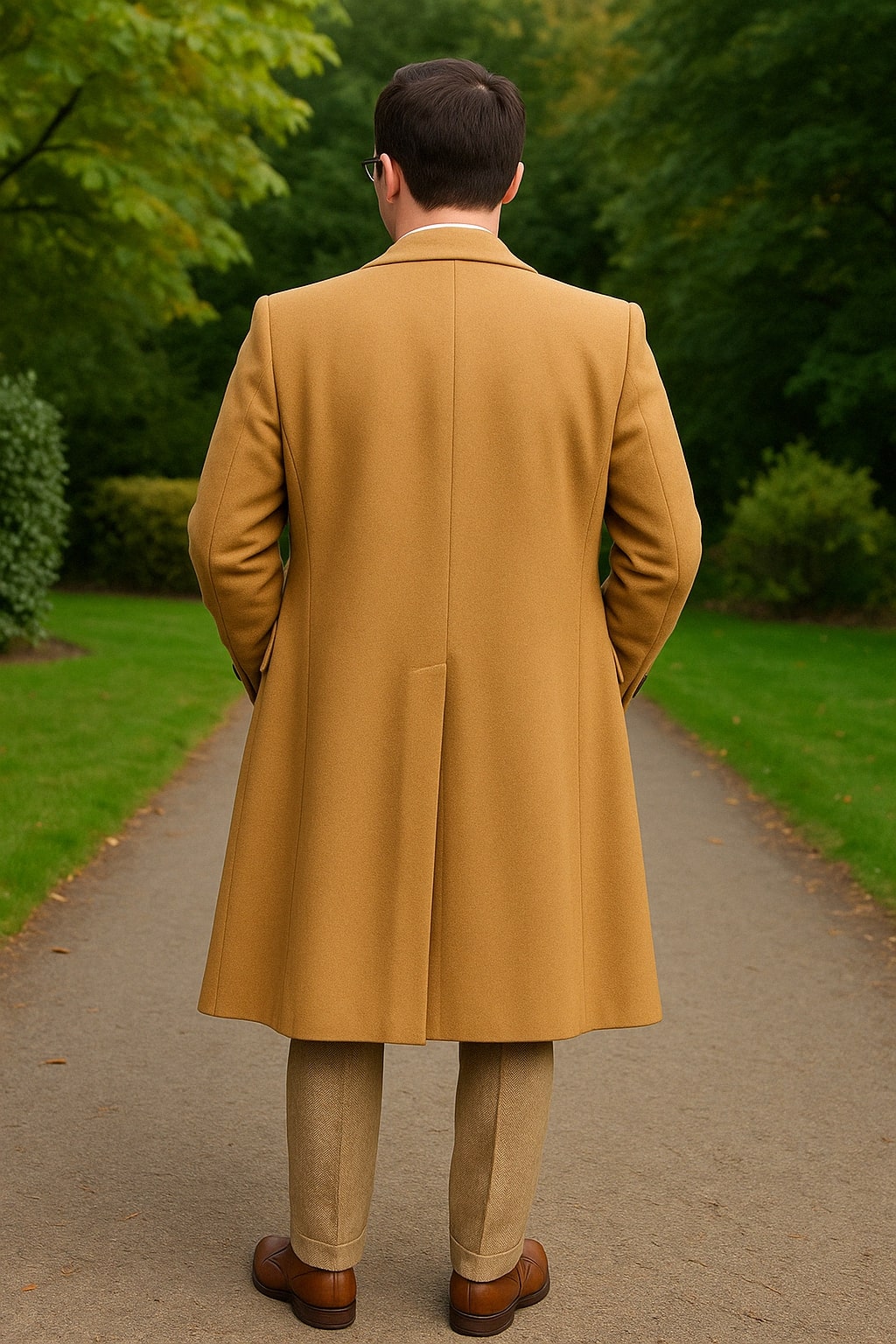 Men's Camel Overcoat & Beige Tweed Suit Set